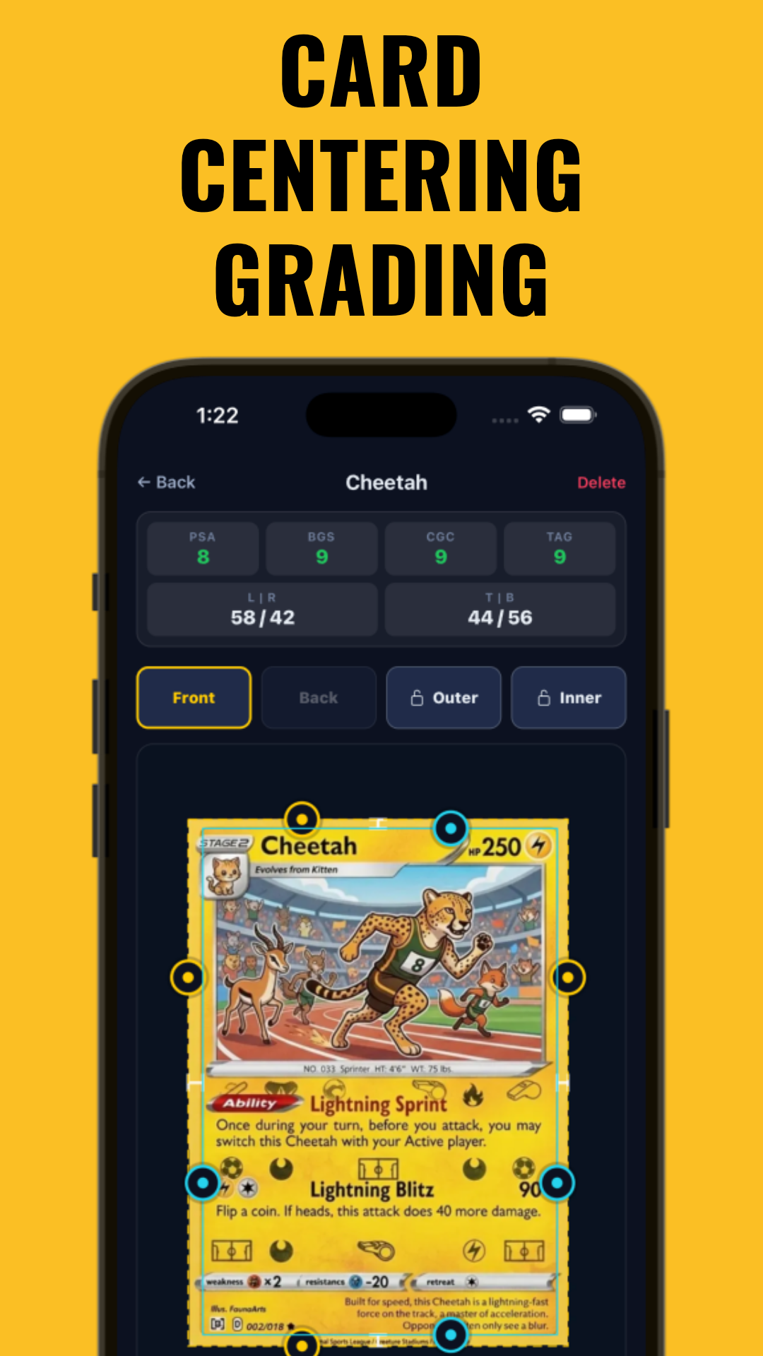 Midpoint card centering grading tool interface