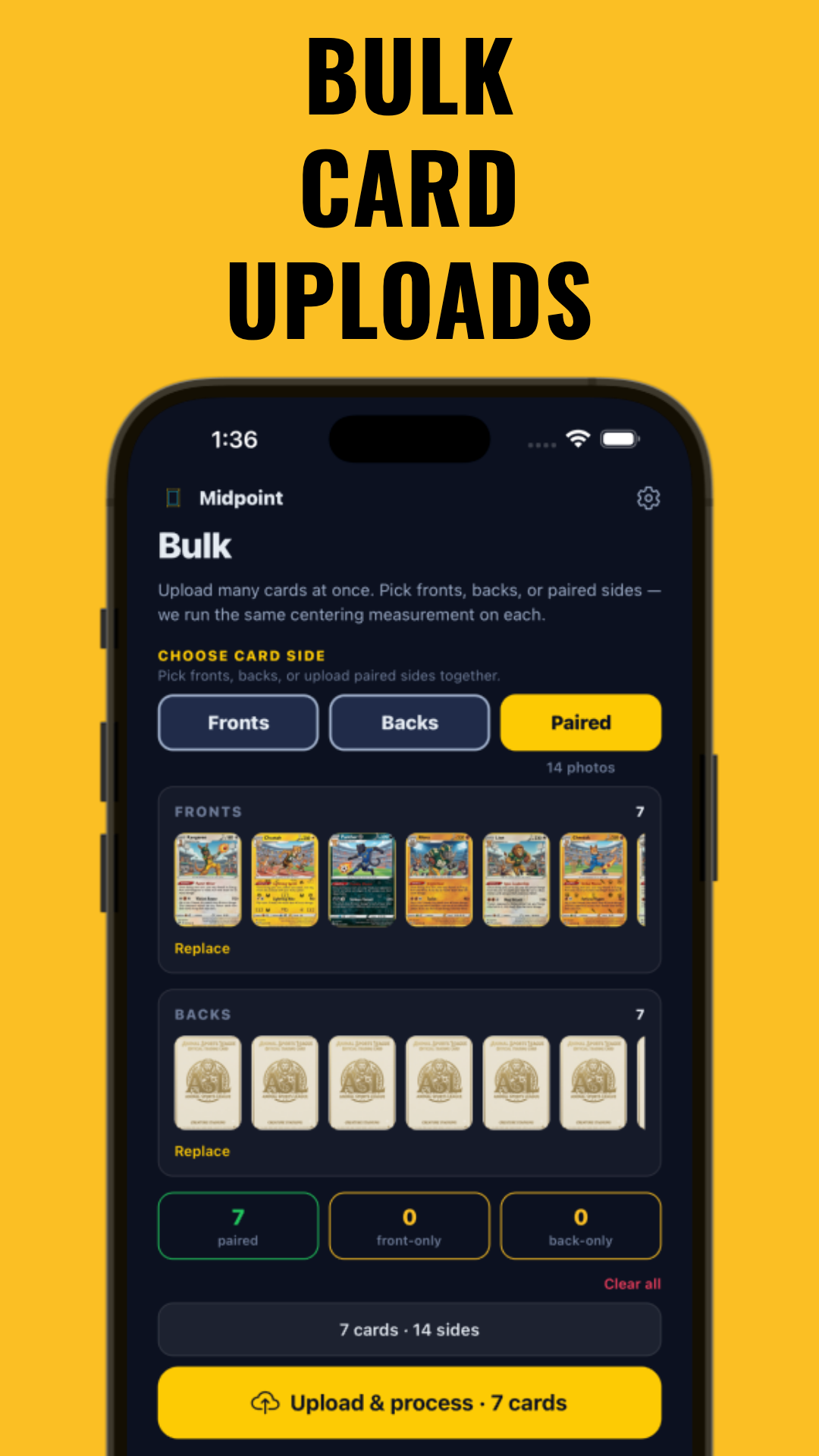 Bulk card upload and processing screen