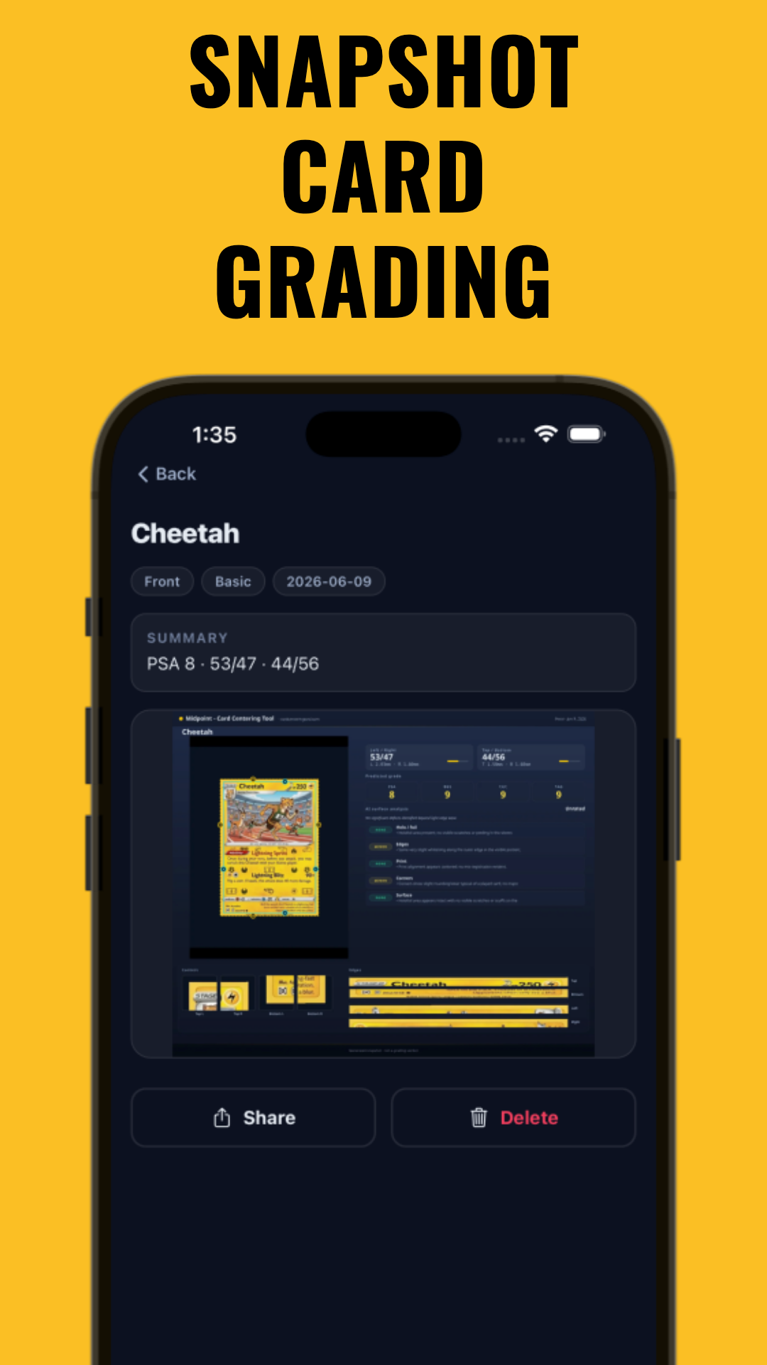 Digital trading card grading summary screen